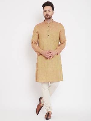 Beige woven pure cotton men-kurtas 2