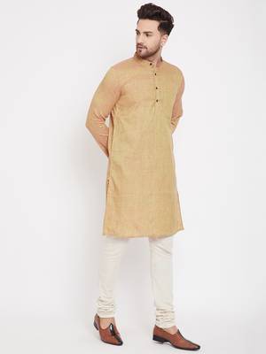 Beige woven pure cotton men-kurtas 3