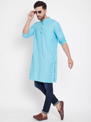 Blue plain pure cotton men-kurtas 1