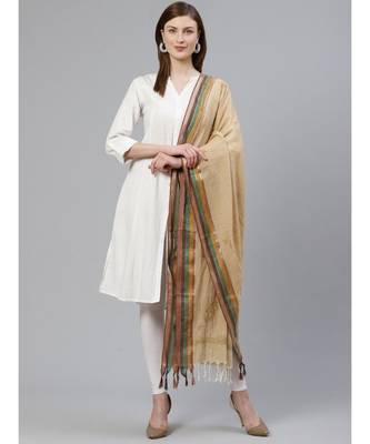 Ada Hand Embroidered Fawn Cotton Lucknow Chikan Dupatta - A100446 1