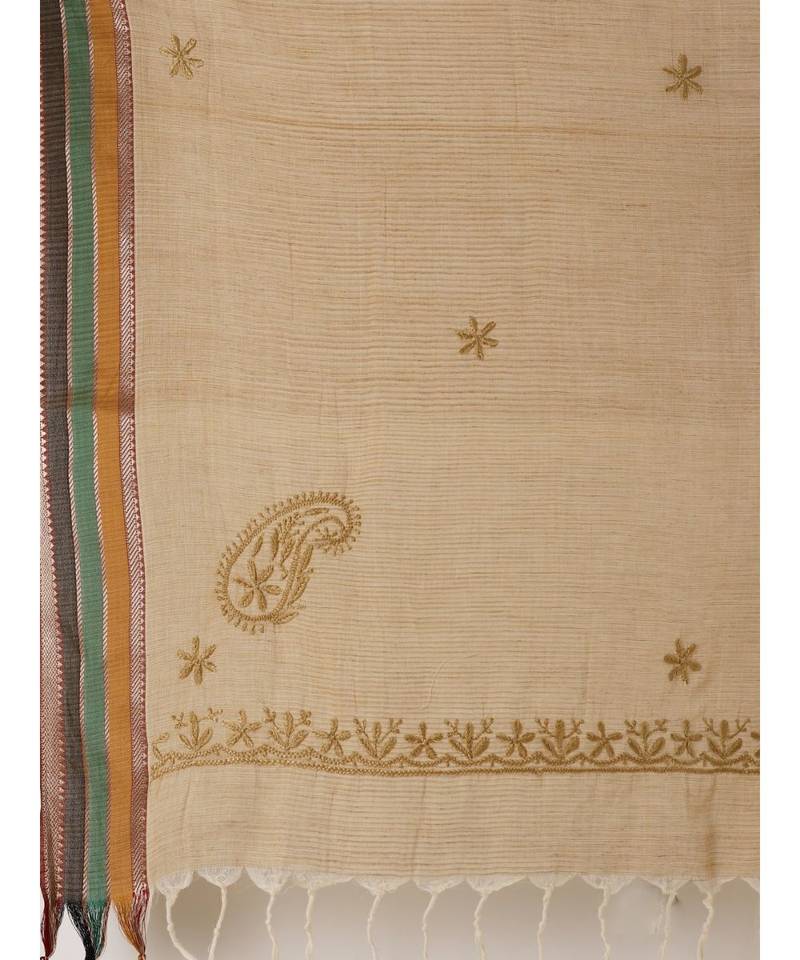 Ada Hand Embroidered Fawn Cotton Lucknow Chikan Dupatta - A100446
