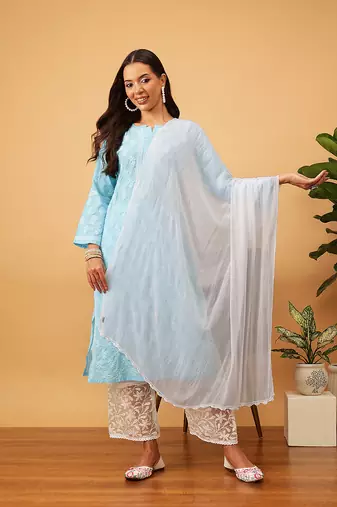 Hand Embroidered White Chiffon Lucknowi Chikankari Dupatta