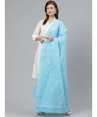 Ada Hand Embroidered Blue Kota Lucknowi Chikankari Dupatta 1
