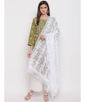 Ada Hand Embroidered White Faux Georgette Lucknowi Chikankari Dupatta 1