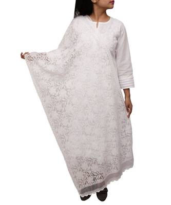 Ada Hand Embroidered White Net Lucknowi Chikankari Dupatta - A567881 1