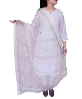 Ada Hand Embroidered White Chiffon Lucknowi Chikankari Dupatta - A525510 1