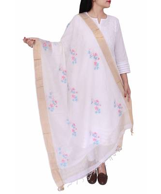 Ada Hand Embroidered White Chanderi Lucknowi Chikankari Dupatta 1