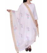 Ada Hand Embroidered White Chanderi Lucknowi Chikankari Dupatta