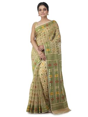 Beige Hand Woven Cotton Jamdani Sarees Without Blouse 1