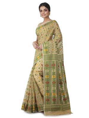 Beige Hand Woven Cotton Jamdani Sarees Without Blouse 2