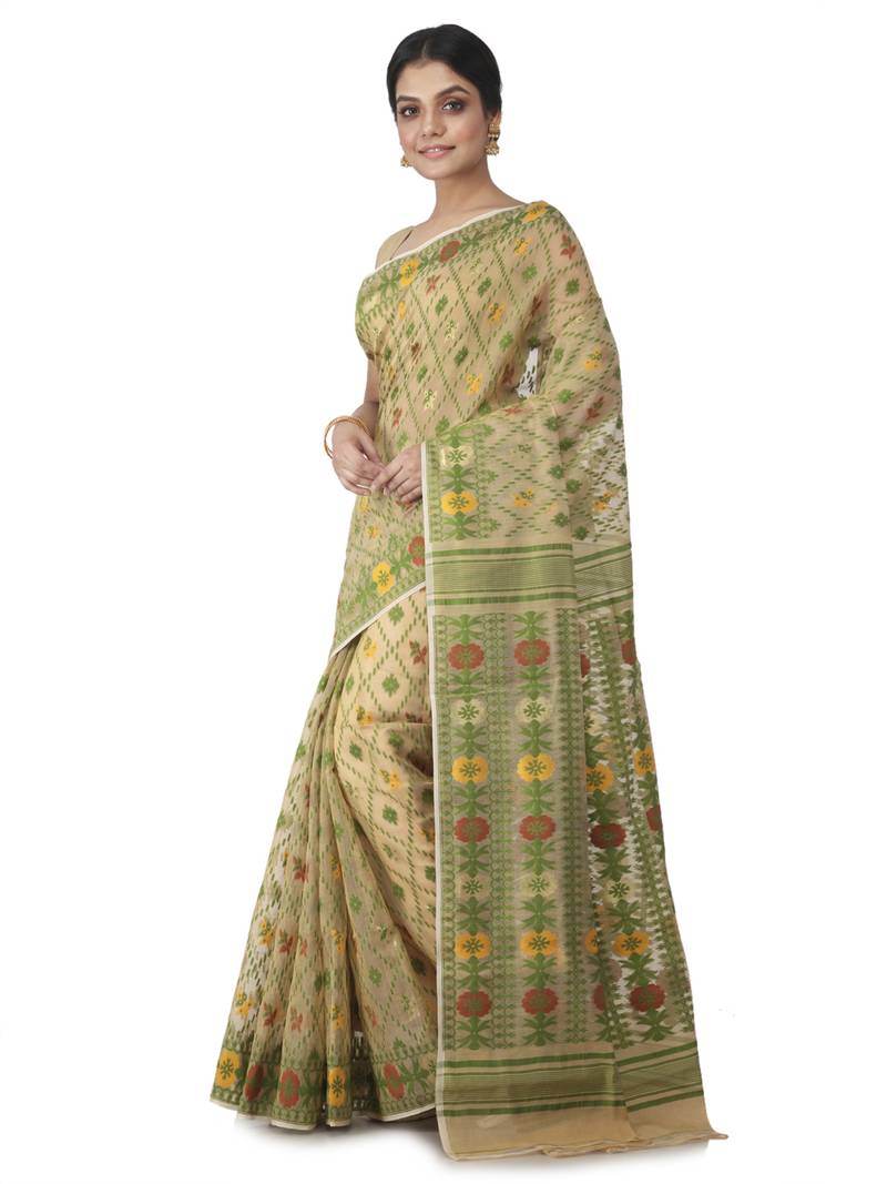 Beige Hand Woven Cotton Jamdani Sarees Without Blouse