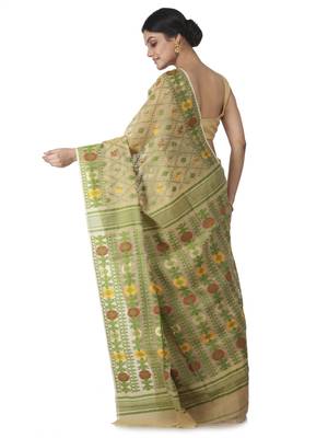 Beige Hand Woven Cotton Jamdani Sarees Without Blouse 3