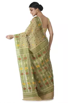 Beige Hand Woven Cotton Jamdani Sarees Without Blouse