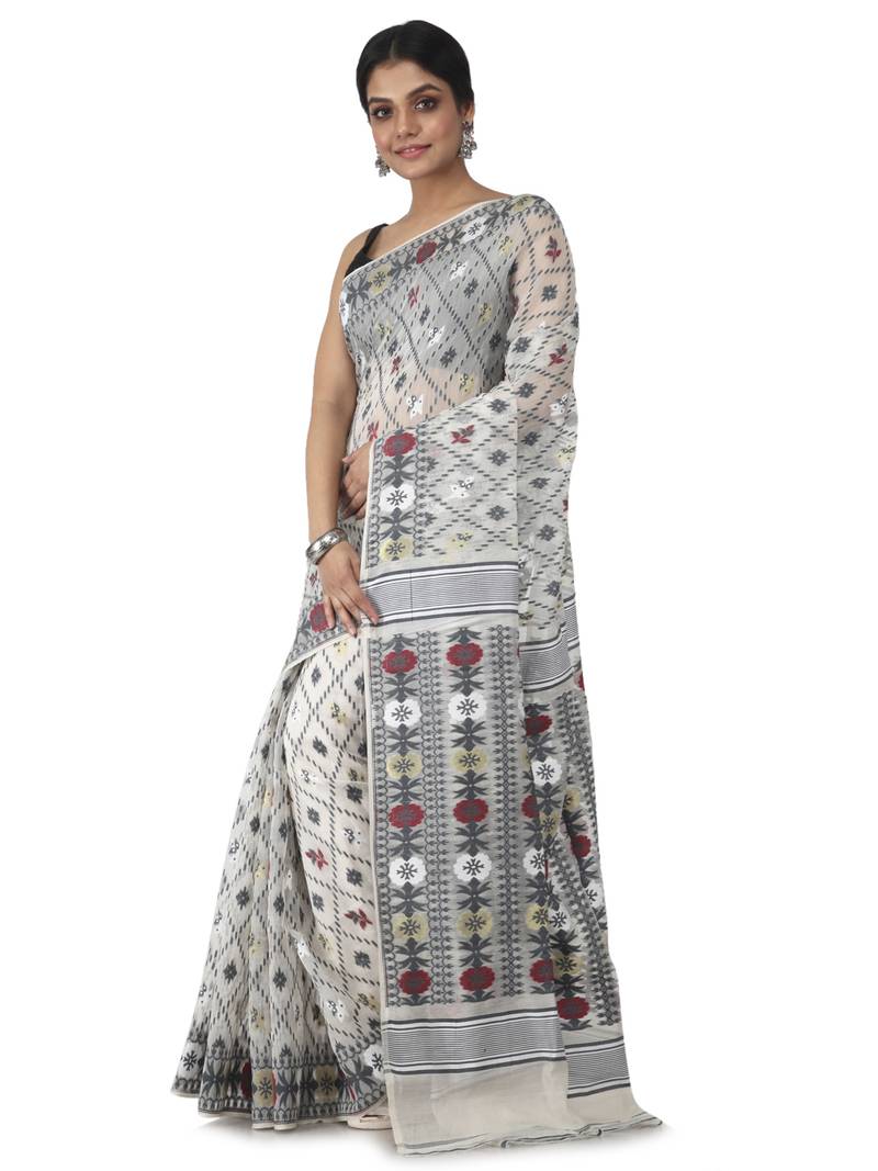 white hand woven cotton jamdani sarees