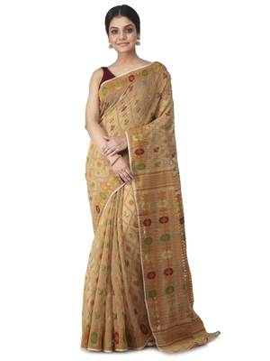 beige hand woven cotton jamdani sarees 1
