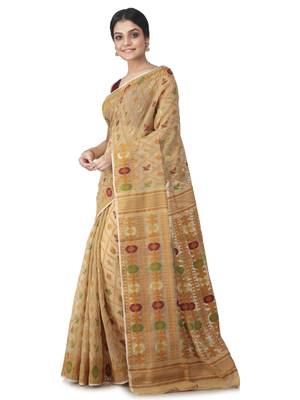 beige hand woven cotton jamdani sarees 2