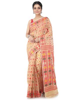 Beige Hand Woven Cotton Jamdani Sarees Without Blouse 1