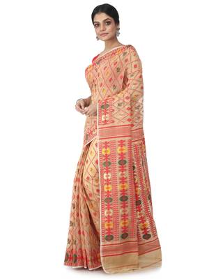 Beige Hand Woven Cotton Jamdani Sarees Without Blouse 2