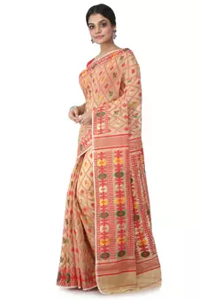 Beige Hand Woven Cotton Jamdani Sarees Without Blouse