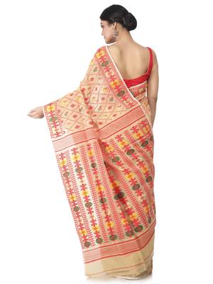 Beige Hand Woven Cotton Jamdani Sarees Without Blouse 3