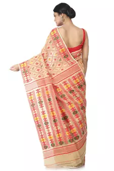 Beige Hand Woven Cotton Jamdani Sarees Without Blouse