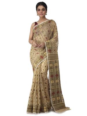 Beige Hand Woven Cotton Jamdani Sarees Without Blouse 1