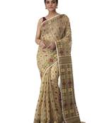 Beige Hand Woven Cotton Jamdani Sarees Without Blouse
