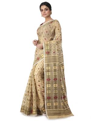Beige Hand Woven Cotton Jamdani Sarees Without Blouse 2