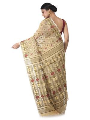 Beige Hand Woven Cotton Jamdani Sarees Without Blouse 3