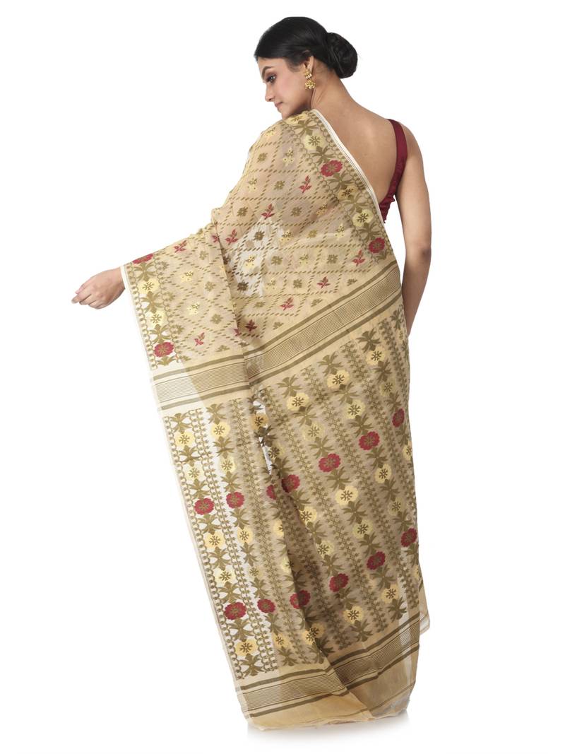 Beige Hand Woven Cotton Jamdani Sarees Without Blouse