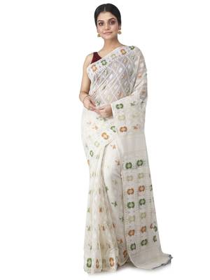 White Hand Woven Cotton Jamdani Sarees Without Blouse 1