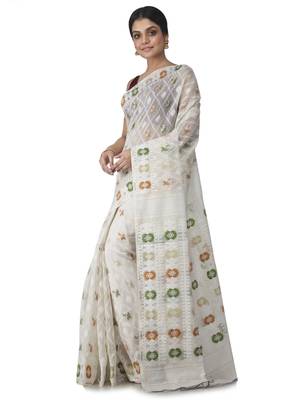 White Hand Woven Cotton Jamdani Sarees Without Blouse 2
