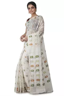 White Hand Woven Cotton Jamdani Sarees Without Blouse