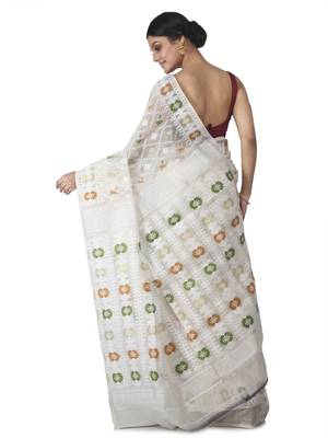 White Hand Woven Cotton Jamdani Sarees Without Blouse 3
