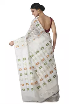White Hand Woven Cotton Jamdani Sarees Without Blouse