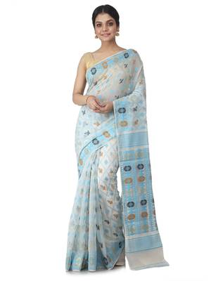White Hand Woven Cotton Jamdani Sarees Without Blouse 1