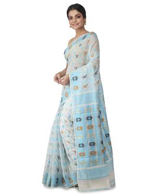 White Hand Woven Cotton Jamdani Sarees Without Blouse 2