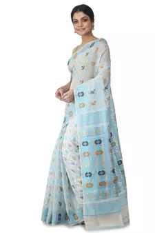 White Hand Woven Cotton Jamdani Sarees Without Blouse