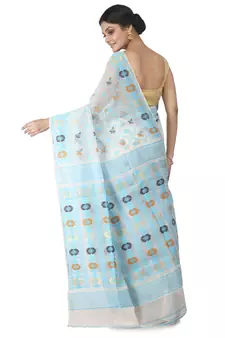 White Hand Woven Cotton Jamdani Sarees Without Blouse