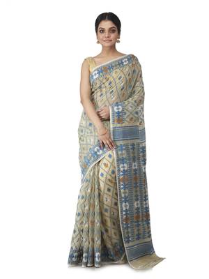 Beige Hand Woven Cotton Jamdani Sarees Without Blouse 1