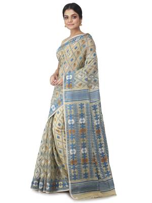 Beige Hand Woven Cotton Jamdani Sarees Without Blouse 2
