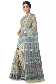 Beige Hand Woven Cotton Jamdani Sarees Without Blouse
