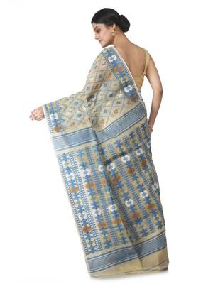 Beige Hand Woven Cotton Jamdani Sarees Without Blouse 3