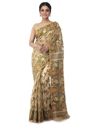 beige hand woven cotton jamdani sarees 1
