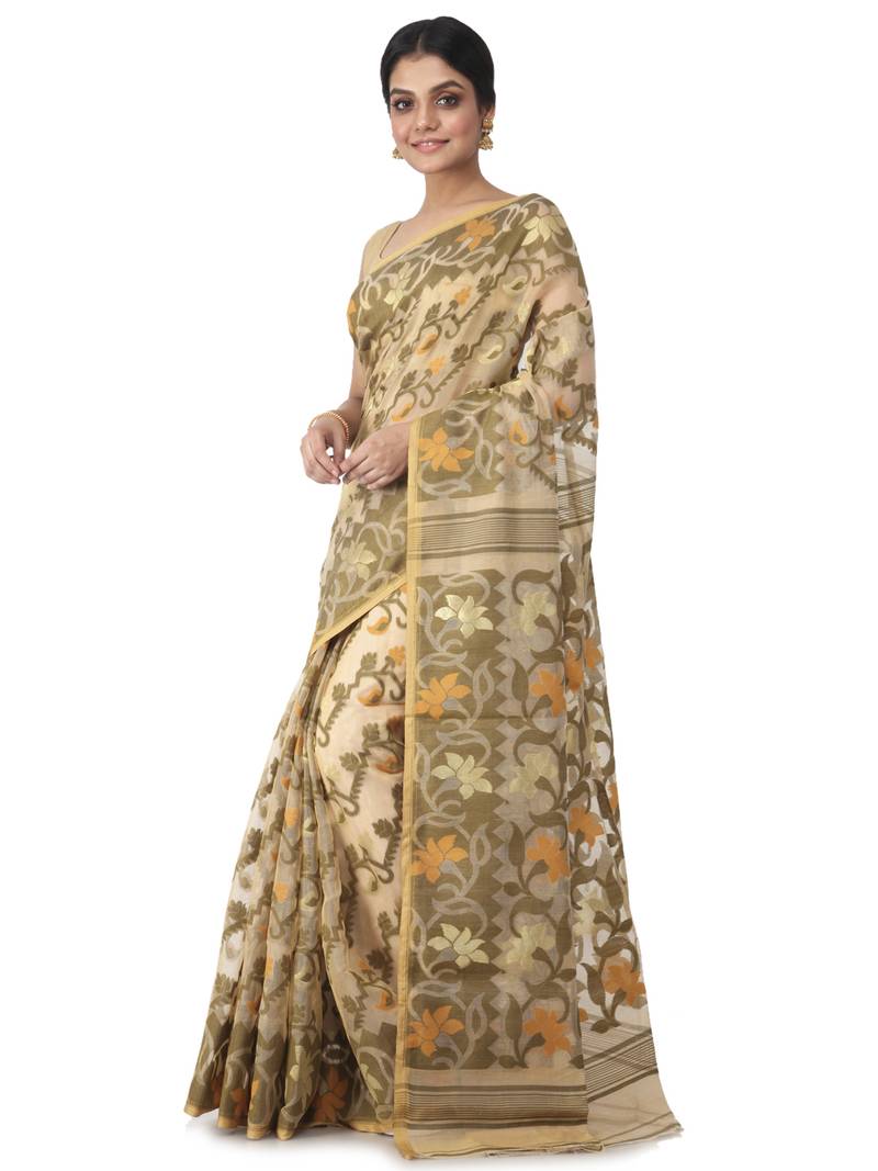 beige hand woven cotton jamdani sarees