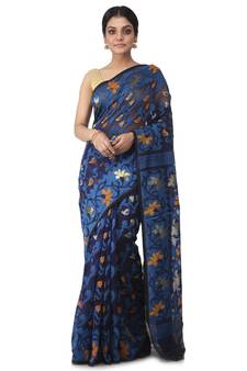 Blue Hand Woven Cotton Jamdani Sarees Without Blouse
