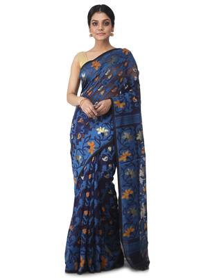 Blue Hand Woven Cotton Jamdani Sarees Without Blouse 1