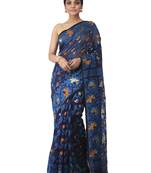 Blue Hand Woven Cotton Jamdani Sarees Without Blouse