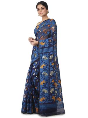 Blue Hand Woven Cotton Jamdani Sarees Without Blouse 2