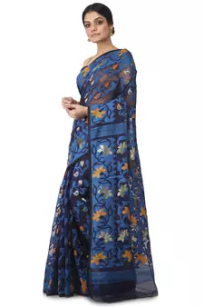 Blue Hand Woven Cotton Jamdani Sarees Without Blouse